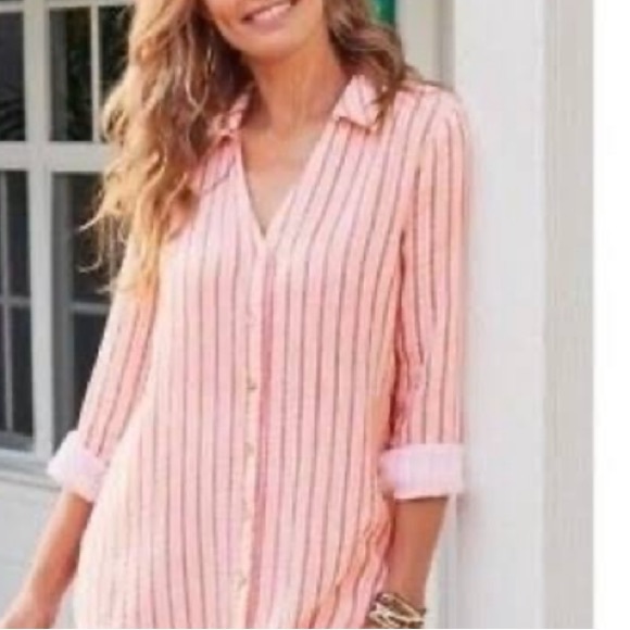 Soft Surroundings PETITE MEDIUM Escambia Gauze Shirt  Peach Orange White Stripe - Picture 13 of 14